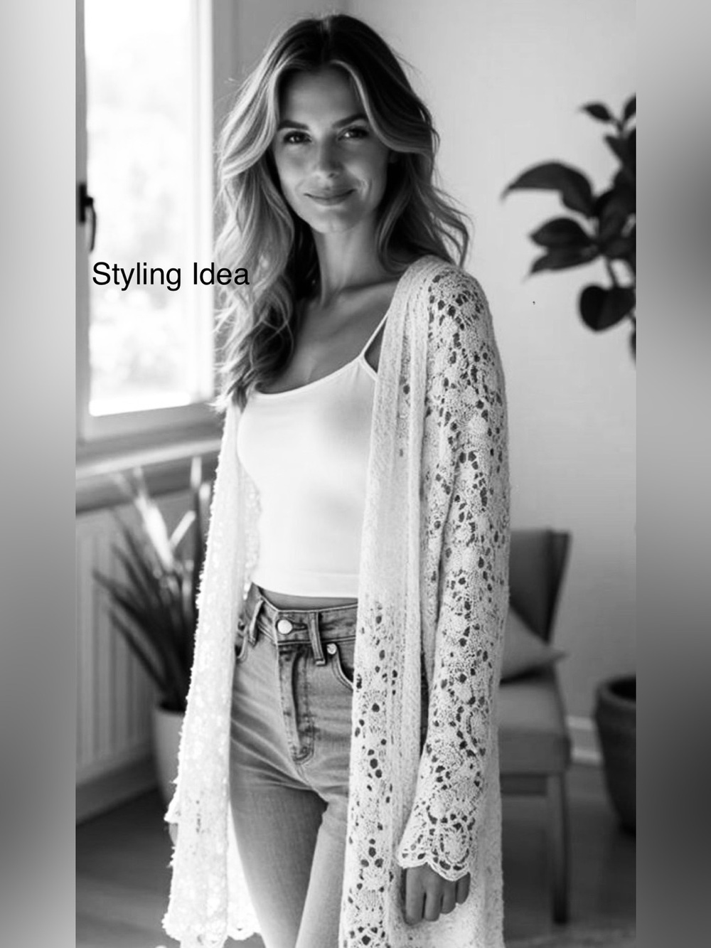 🧶LAUNDRY by Shelli Segal Ivory Crochet Open Cardigan with Tie Belt, Sz Large